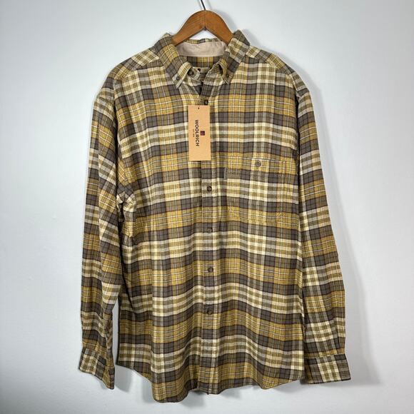 Woolrich Trout Run Flannel Button Down Shirt Men Large Brown Yellow Plaid Cotton - Picture 1 of 10